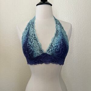 Free Press Lace Halter Ombré Soft Bra Bralette Aqua Blue Purple